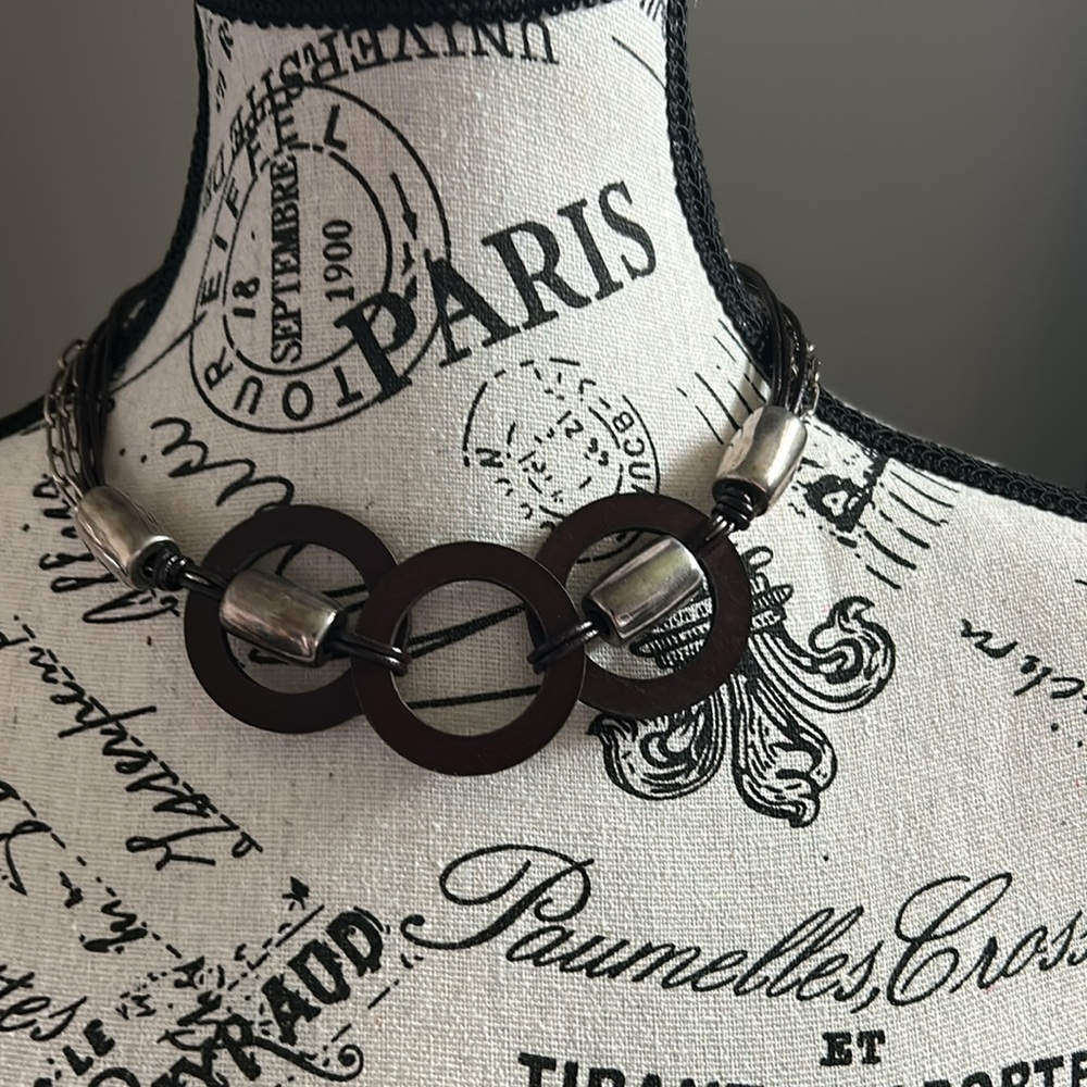 Silver Plated Necklace with Circular Wood Pendants by Vidda Collection